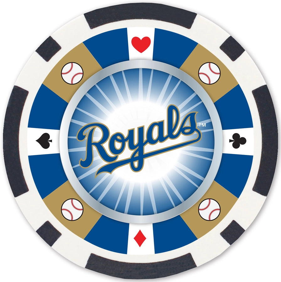 A blue and white casino-style poker chip with the Kansas City Royals logo on it.