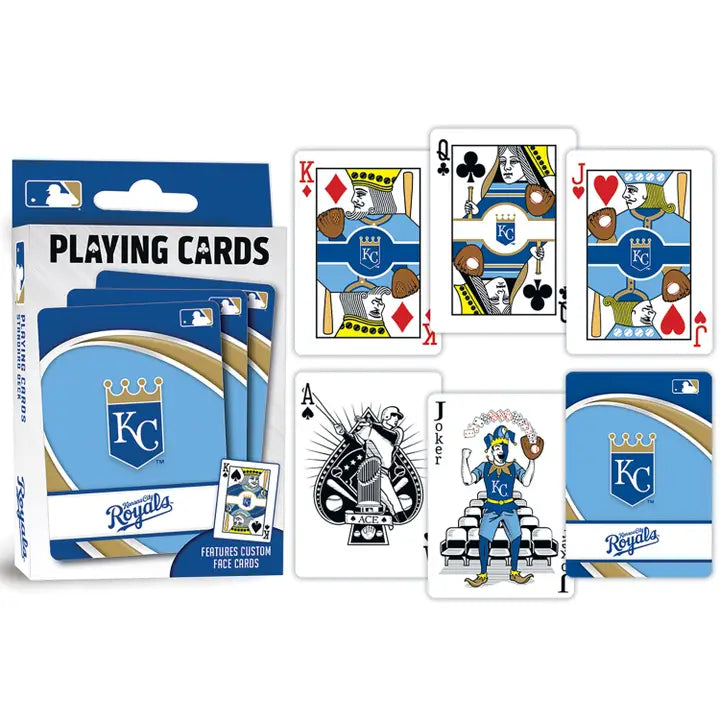 The package for KC Royals themed playing cards with six cards on display, each showing the Royals design and theme.