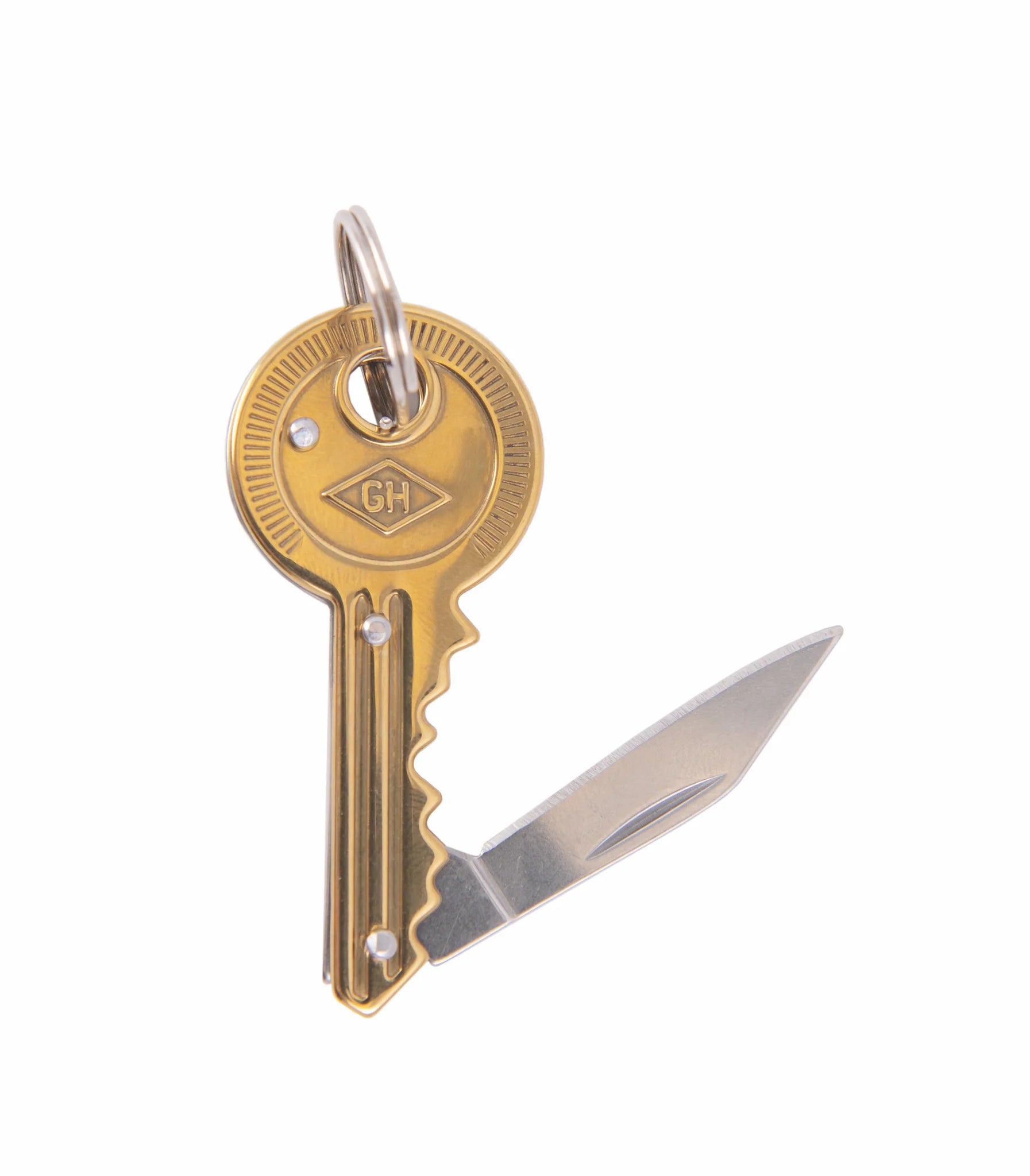 Key-shaped knife with a visible brand logo on a white background