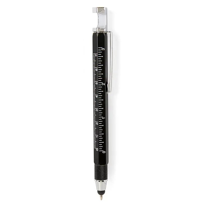 Black pen with a ruler on a white background
