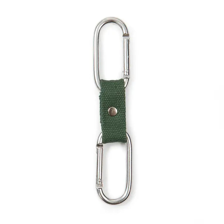 Metal carabiner with green strap on a white background
