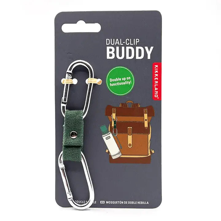 Kikkerland Dual-Clip Buddy on packaging with backpack illustration