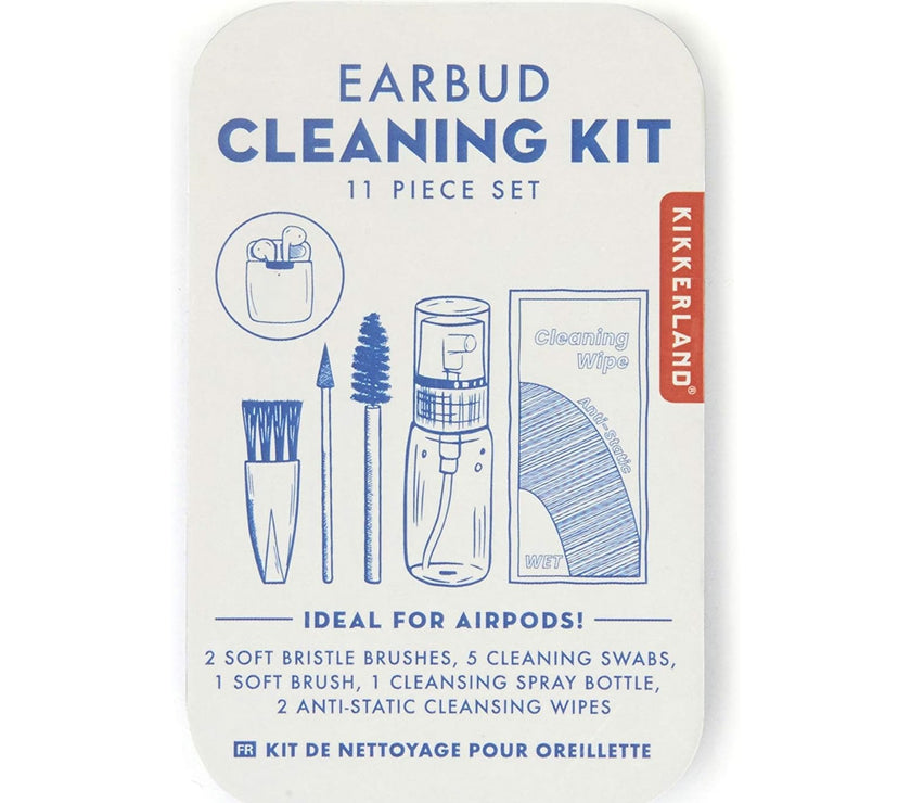 Earbud cleaning kit packaging with illustrations and text on a white background