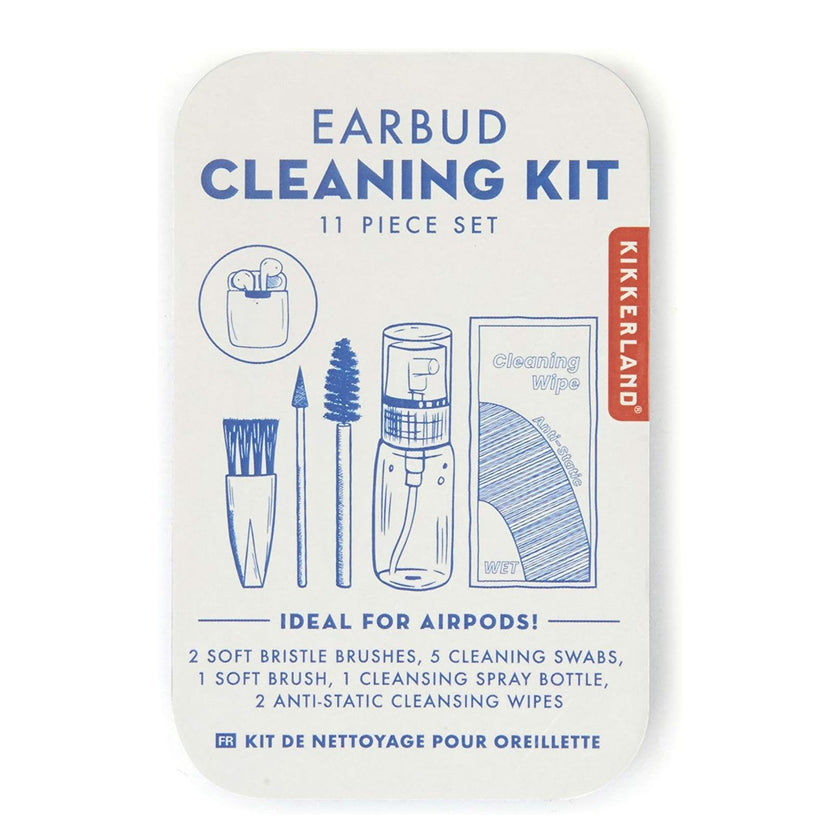 Earbud cleaning kit packaging with illustrations and text on a white background
