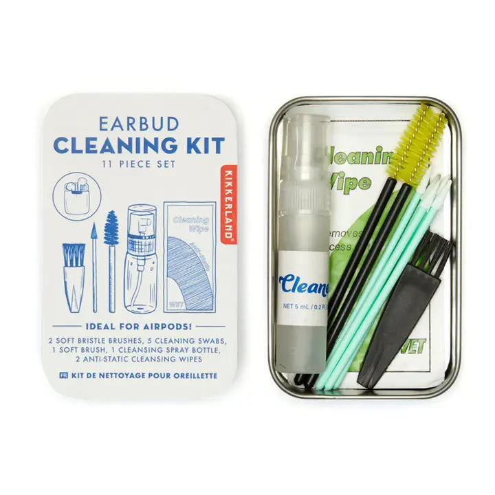 Kikkerland earbud cleaning kit with spray bottle, brushes, and swabs on a white background