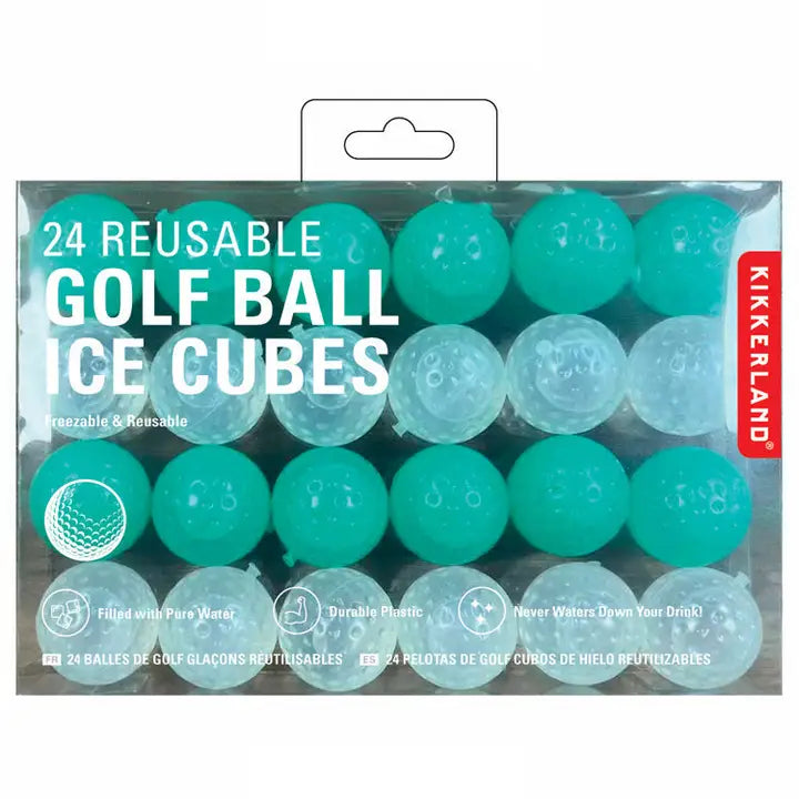 Packaging of Kikkerland reusable golf ball ice cubes with teal and clear design.