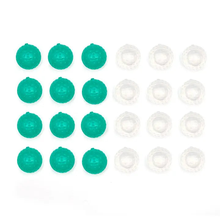 Teal and clear reusable golf ball ice cube molds on a white background