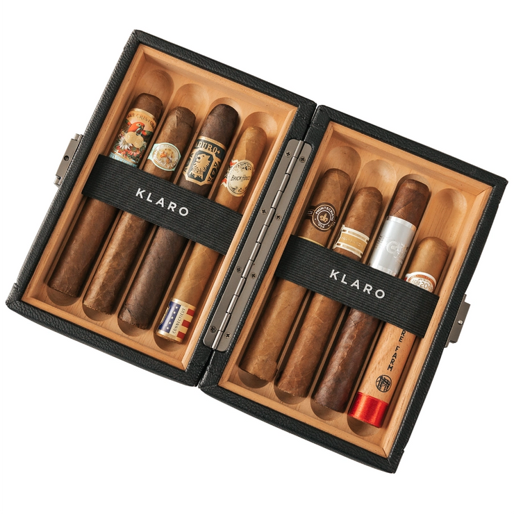 An open cigar case showing 8 cigars.