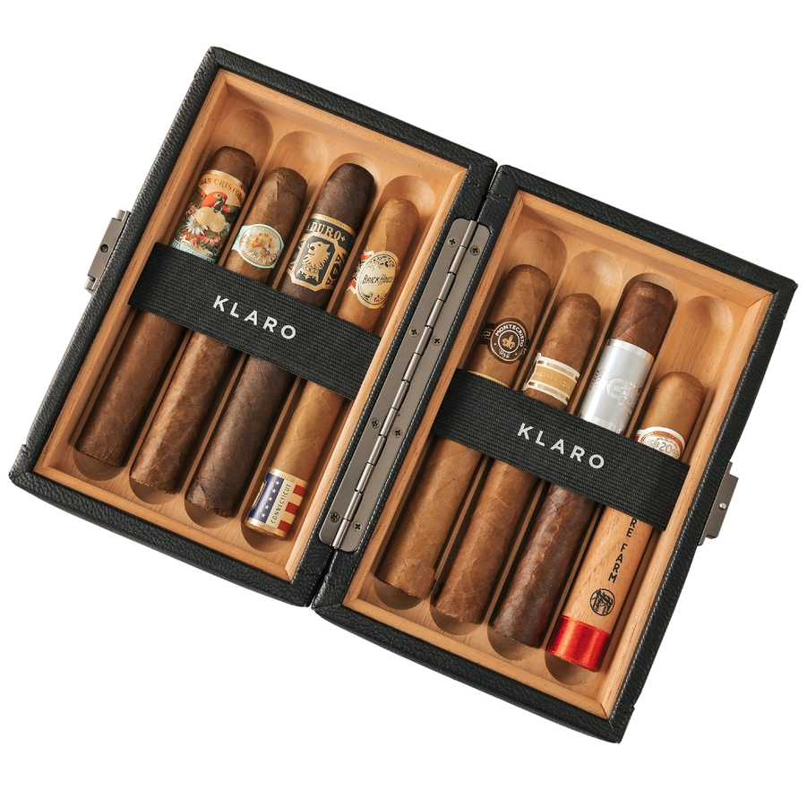 An open cigar case showing 8 cigars.