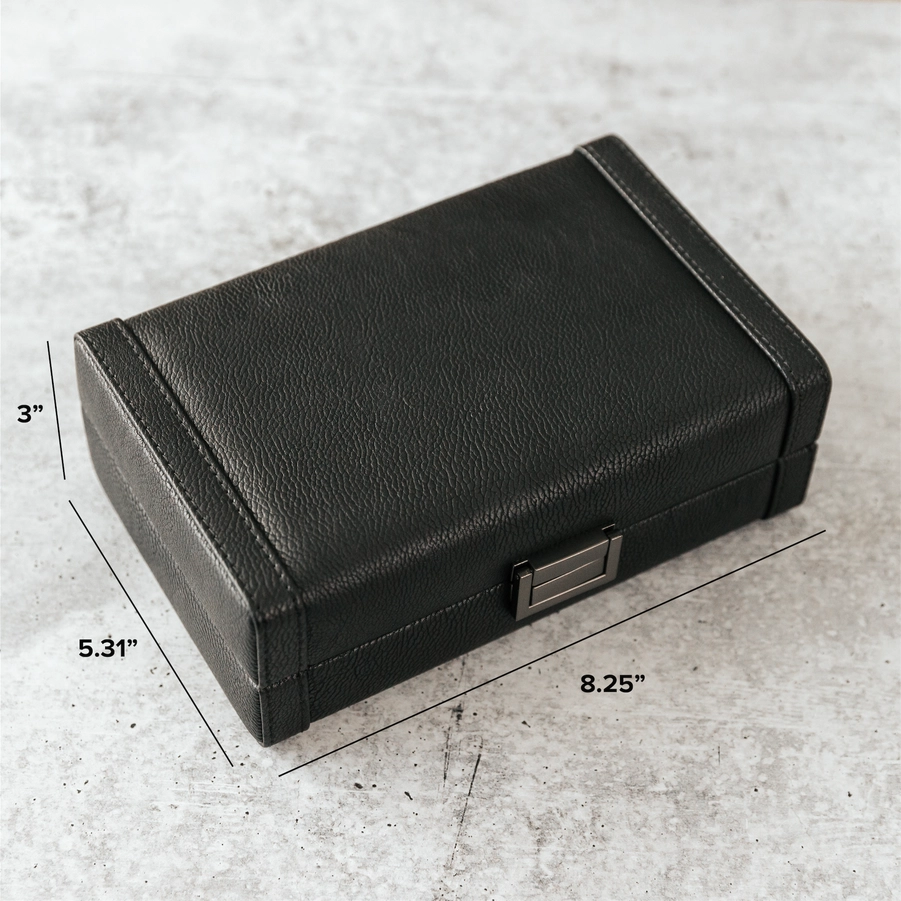 Closed black cigar case on a white background with 3" height, 5.31" wide, and 8.25" long measurements on the sides.