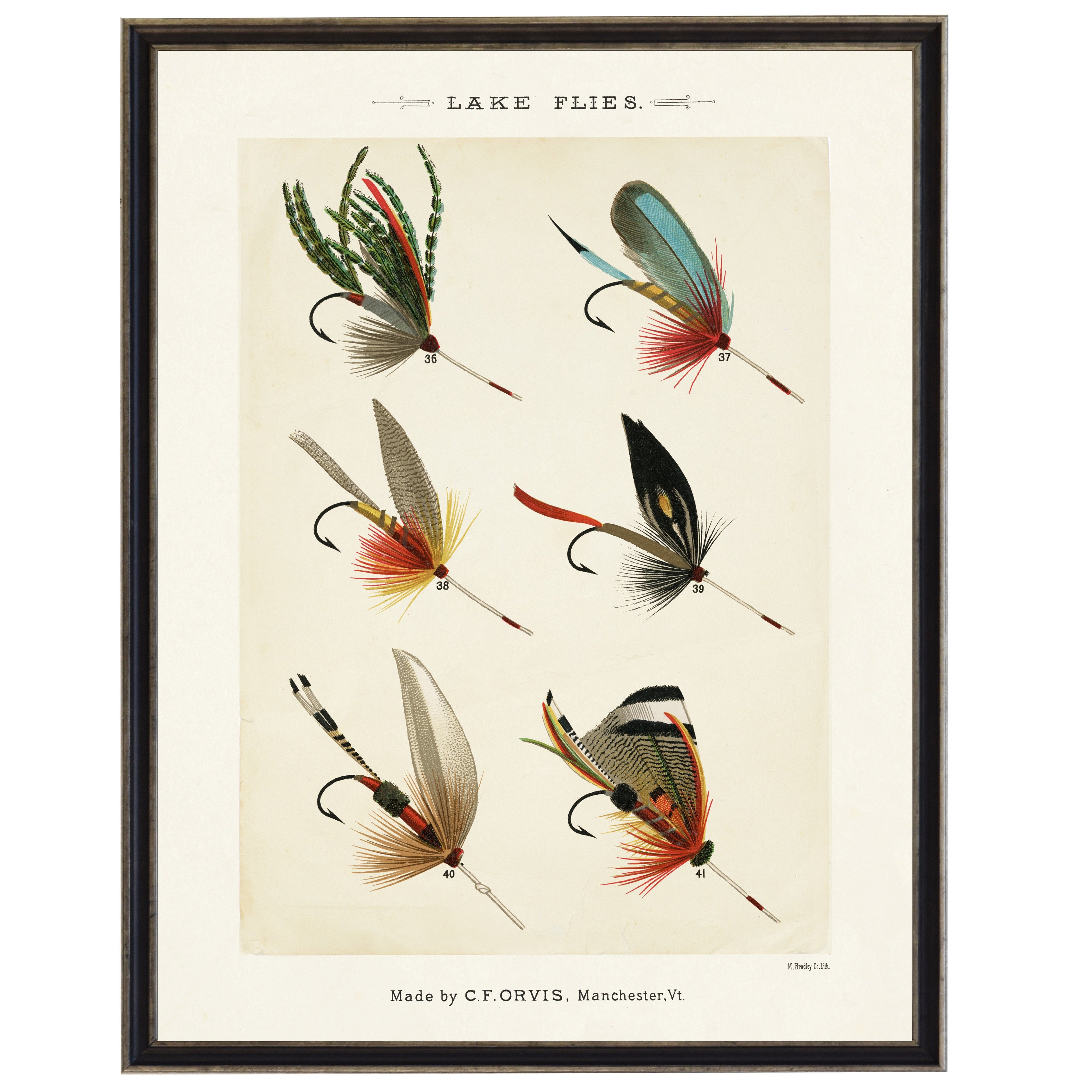 Illustration of various lake flies with text 'Lake Flies' and 'Made by CF. Orvis, Manchester VI'.