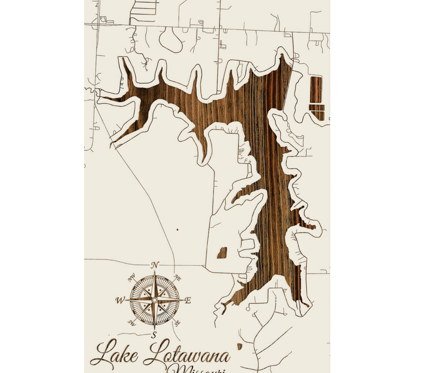 Wooden map of Lake Loutawana, Missouri with a compass rose on a beige background