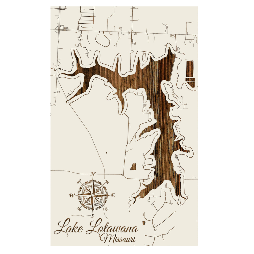 Wooden map of Lake Loutawana, Missouri with a compass rose on a beige background