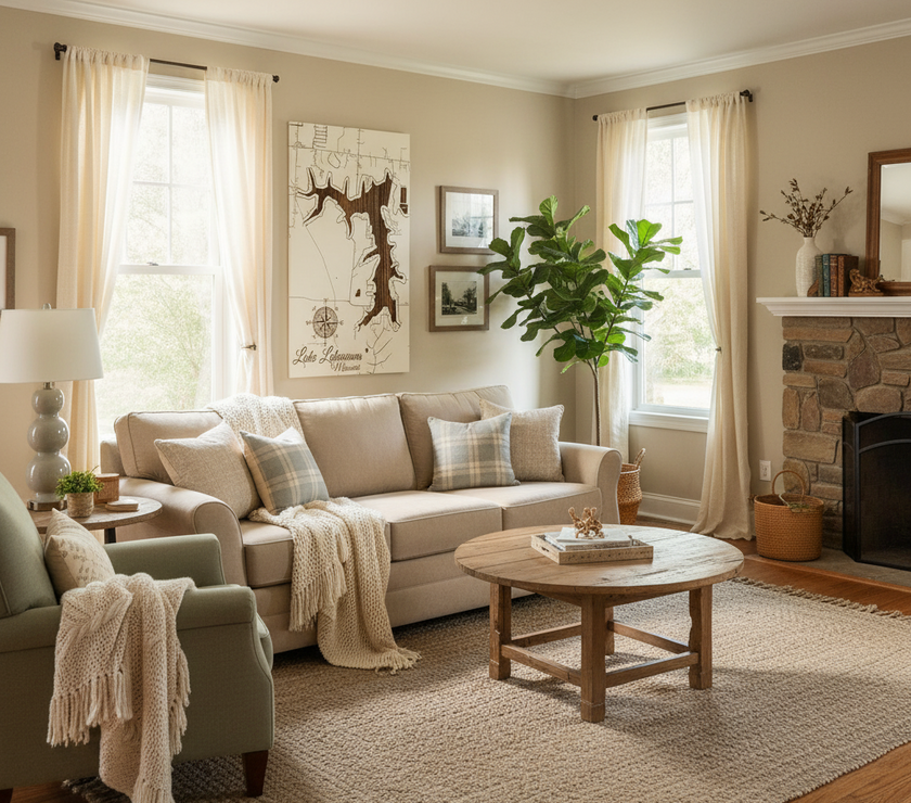 Cozy living room with beige sofa, wooden coffee table, and decorative elements.
