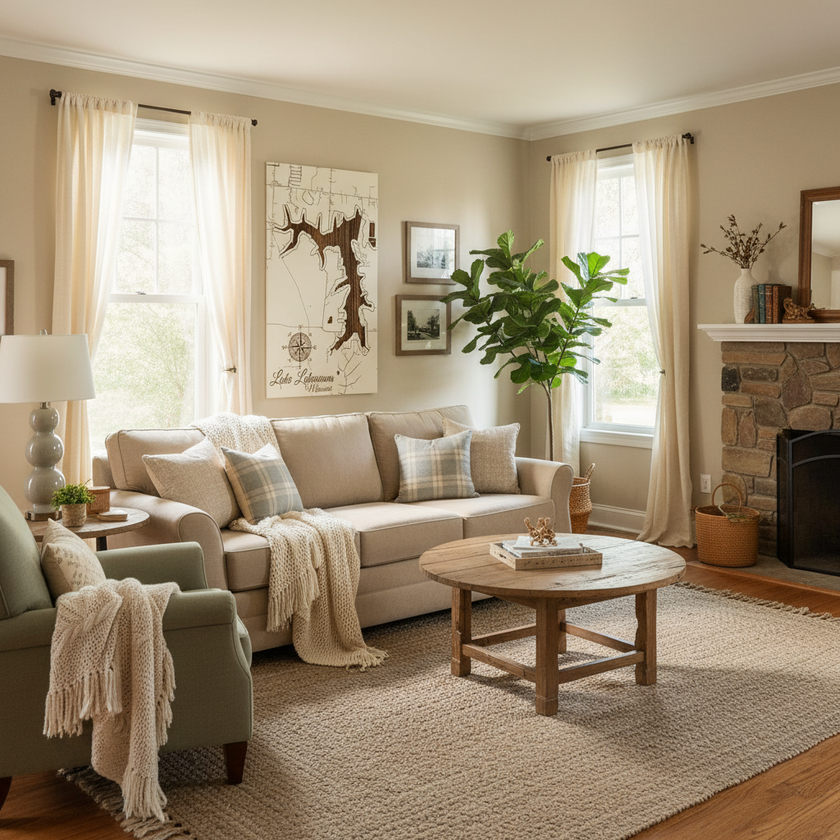 Cozy living room with beige sofa, wooden coffee table, and decorative elements.
