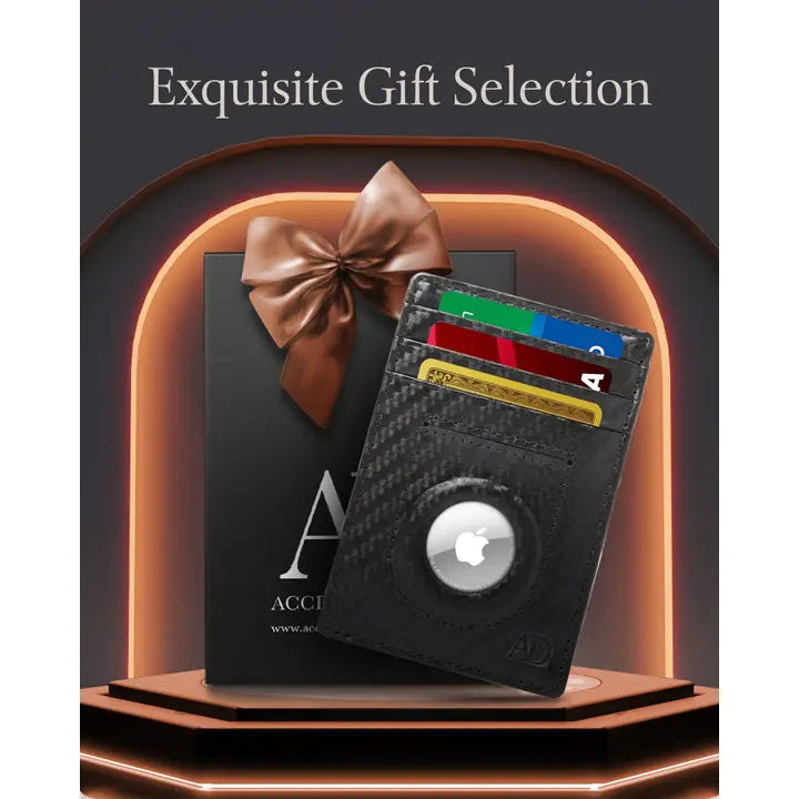 Black carbon fiber wallet with Apple logo on a dark background with 'Exquisite Gift Selection' text.