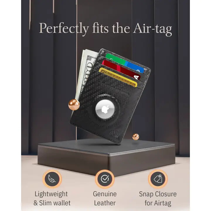 Black wallet with AirTag holder on a stand against a dark background with text pointing out specific elements of the wallet.