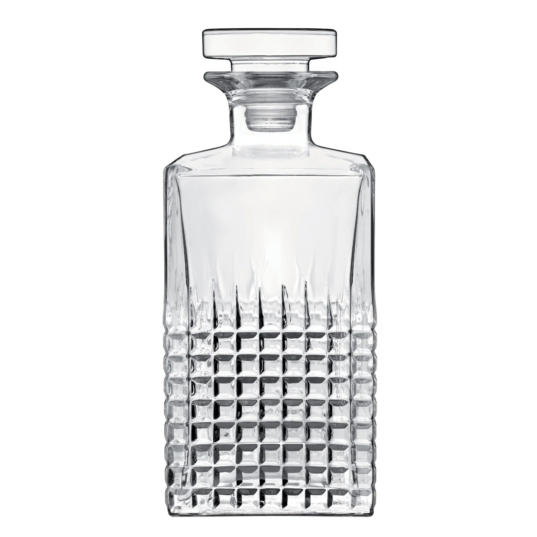 A clear glass decanter with a geometric pattern design.