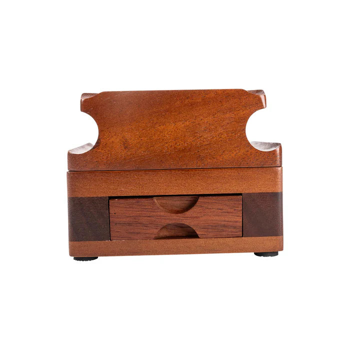 Side view of an expertly crafted wooden cigar ashtray.