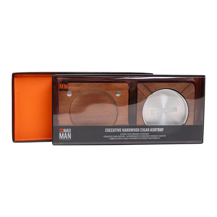 The Mad Man packaging of the executive hardwood cigar ashtray.