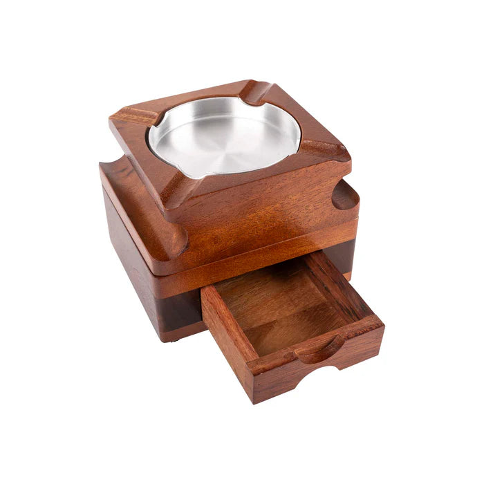 A finely crafted wooden cigar ashtray with a drawer for additional storage, featuring multiple cigar slots.