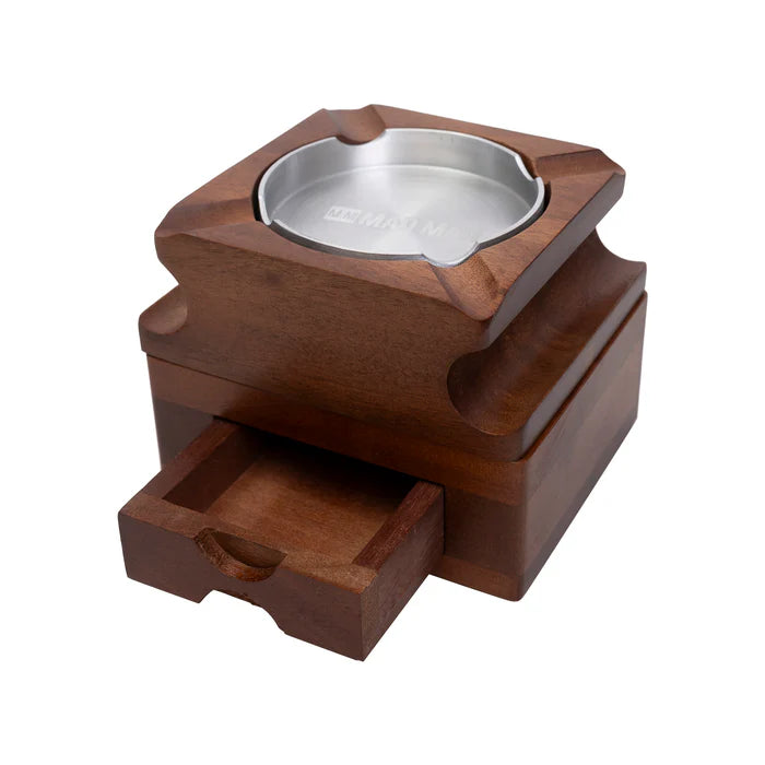 A finely crafted wooden cigar ashtray with a drawer for additional storage, featuring multiple cigar slots.