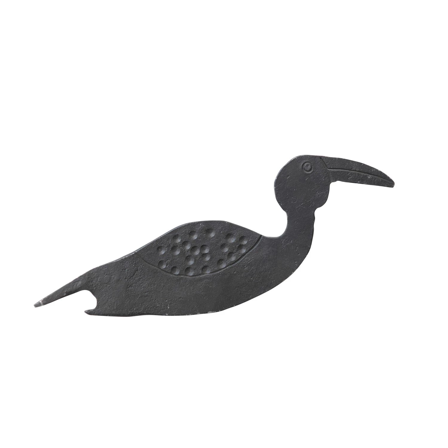 A metal bottle opener in the shape of a bird with a long beak.