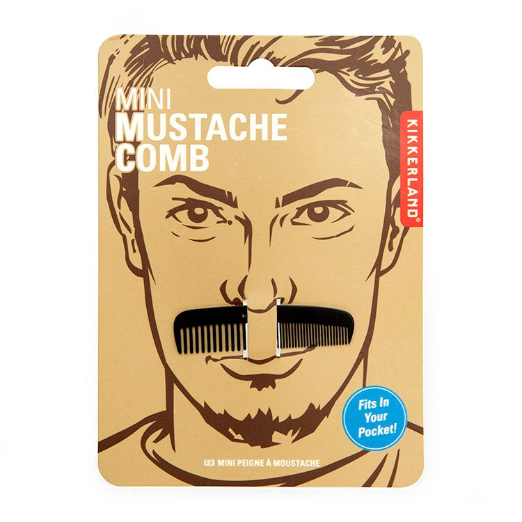 Packaging of a mini mustache comb with a man's face illustration on a beige background.