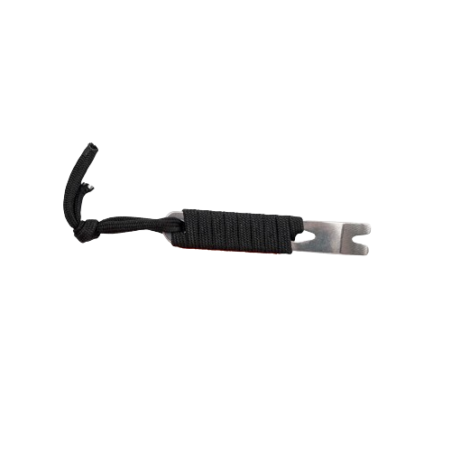 Black paracord wrapped around a mini pry bar on a white background