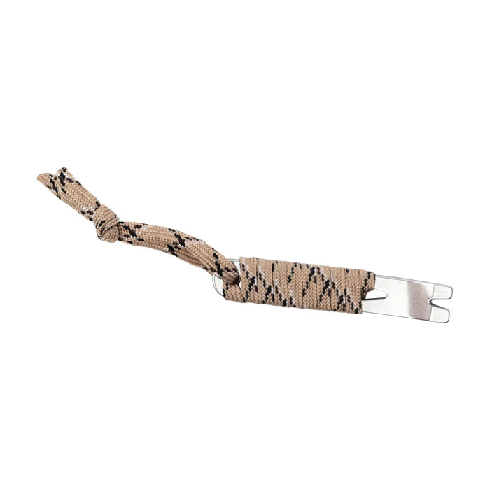 A mini pry bar with silver metal wrapped in tan camouflage style paracord.