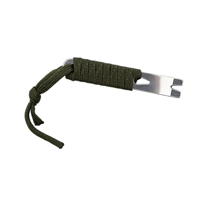 A mini pry bar with silver metal wrapped in green paracord.