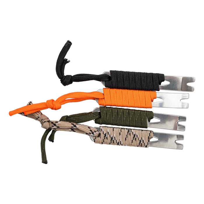 A set of four mini pry bars in orange, black, camo, and green paracord wraps and silver metal parts.