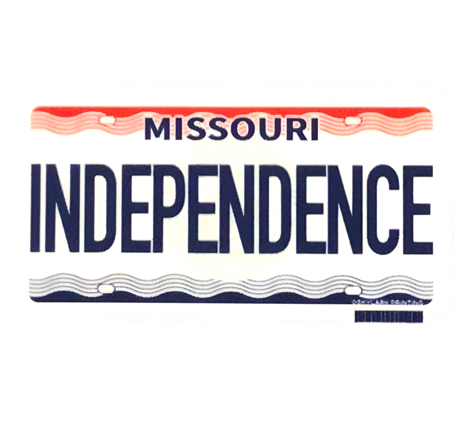 A sticker resembling a Missouri license plate with the word 'INDEPENDENCE' written on it.