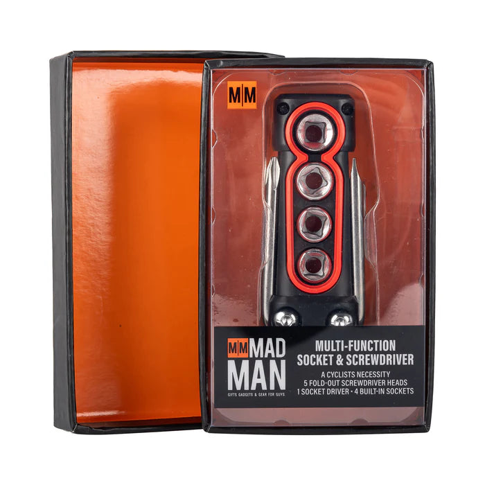 A multi-functional bike tool with fold-out screwdriver heads and a socket drive, predominantly black with red accents inside of its packaging, which has Mad Man branding.