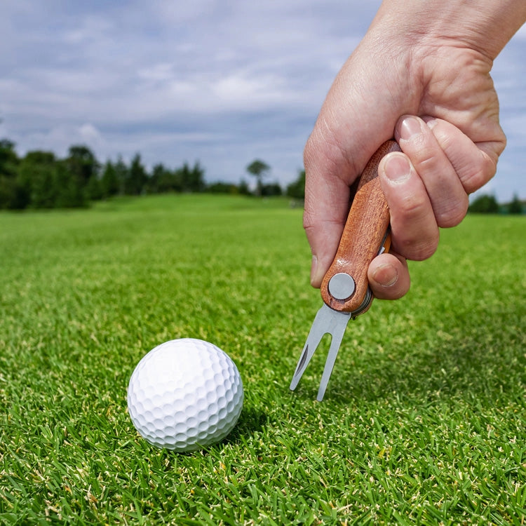 Hand holding a golf divot tool next to a golf ball on a green field with trees in the background