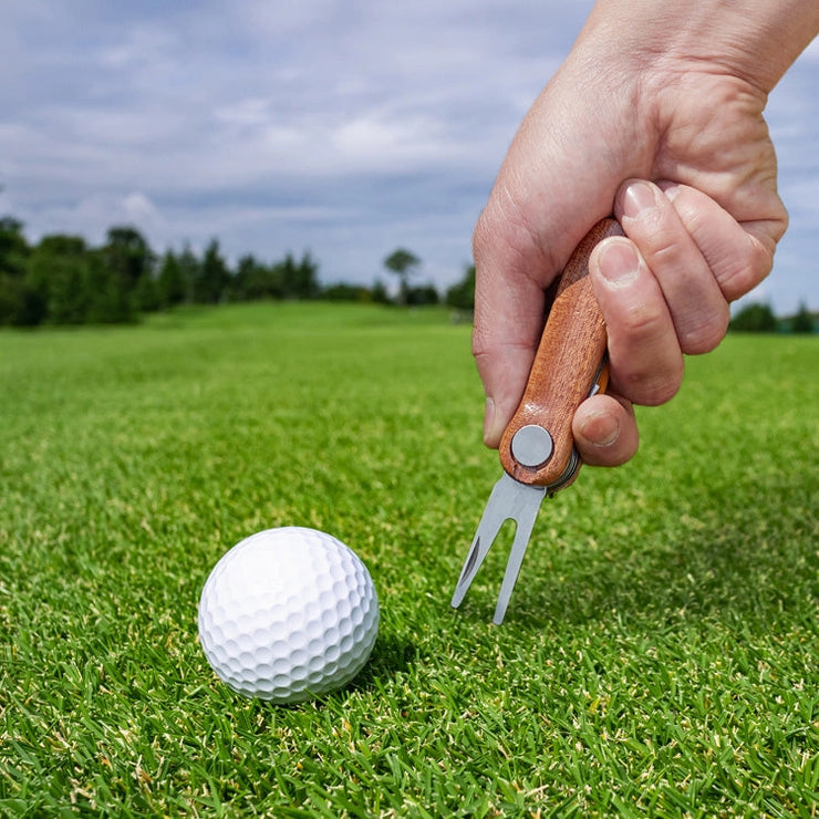 Hand holding a golf divot tool next to a golf ball on a green field with trees in the background