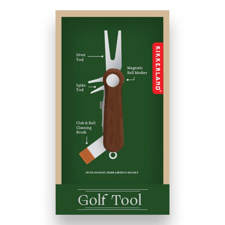 Golf tool with multiple functions on a green and beige box, featuring Kikkerland branding.