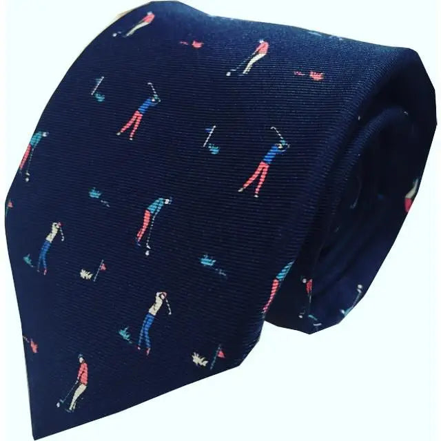 Navy blue tie with golf pattern on a white background