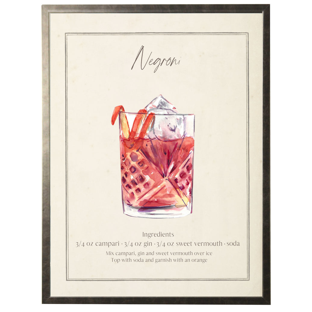 Framed print of a Negroni cocktail recipe with a glass of red cocktail, orange, and ice.
