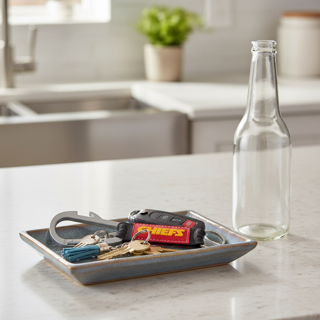 Keychain in a tray in a kitchen setting
