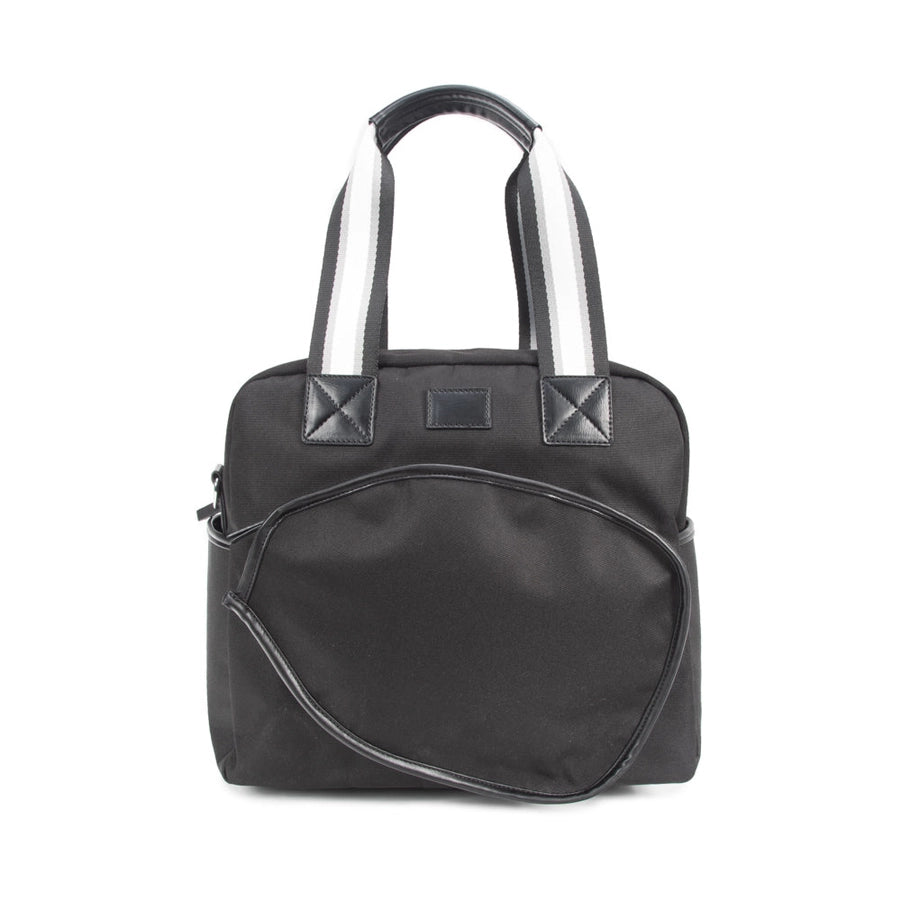 A black pickleball bag with black and white striped handles.