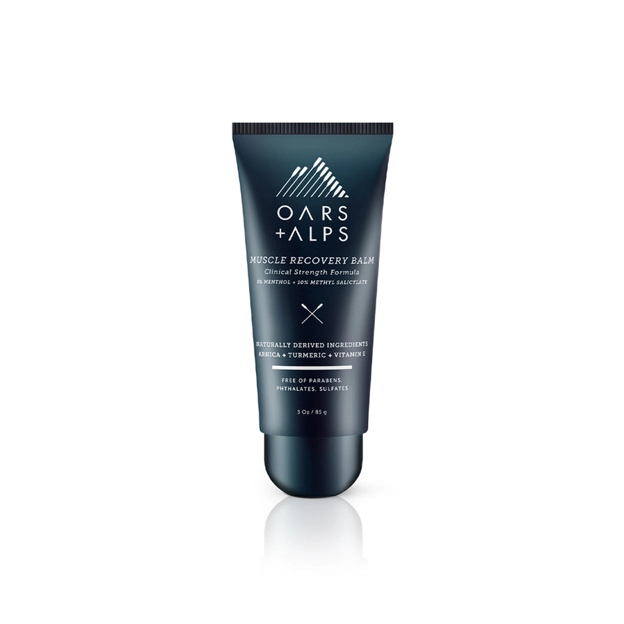 A tube of Men's Muscle Recovery Balm by OARS + ALPS, with a white text and blue background.
