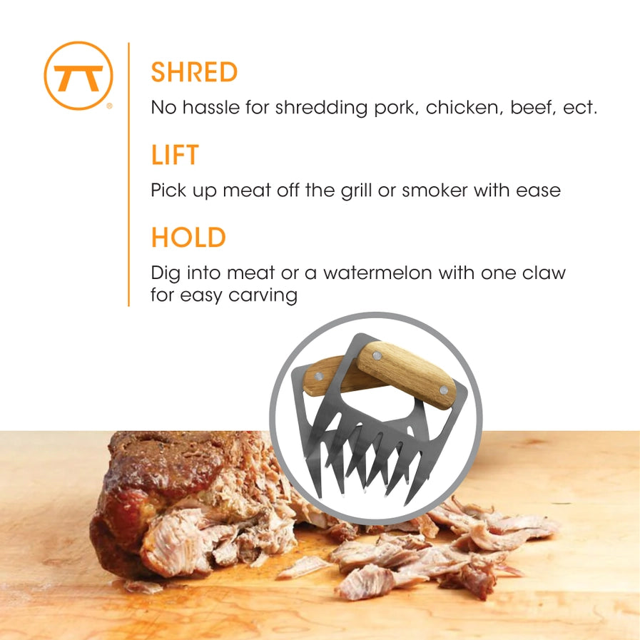 Meat shredder tool with descriptive text and image of shredded meat on a cutting board.