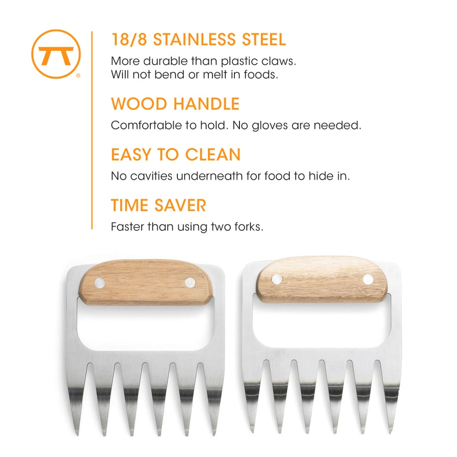 Two metal claws with wooden handles and product features listed.