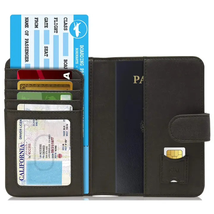 Black travel wallet with various cards and a passport holder on a white background