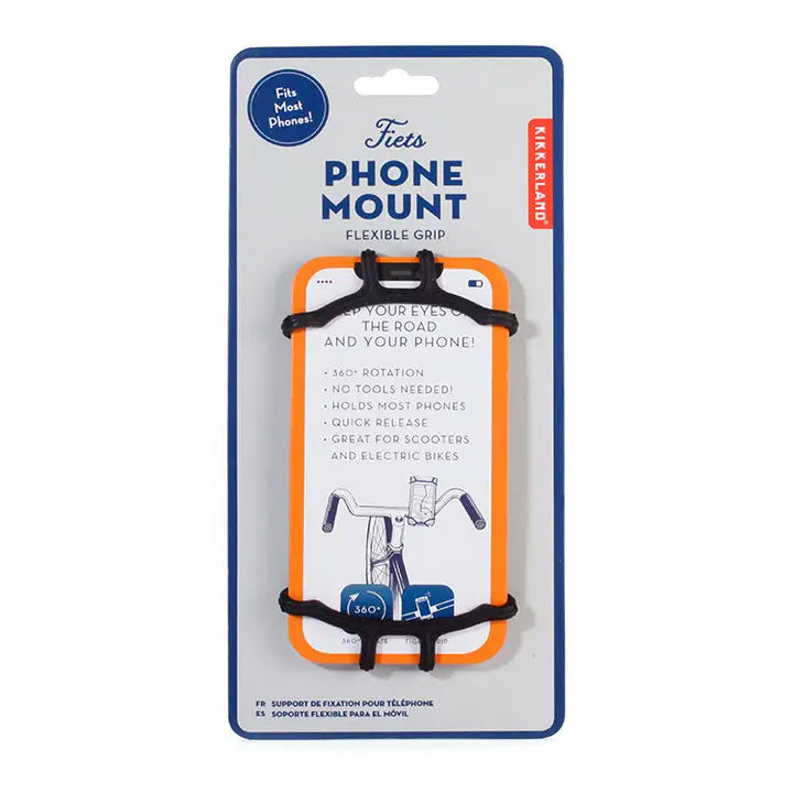 Phone mount packaging with text and graphics on a white background