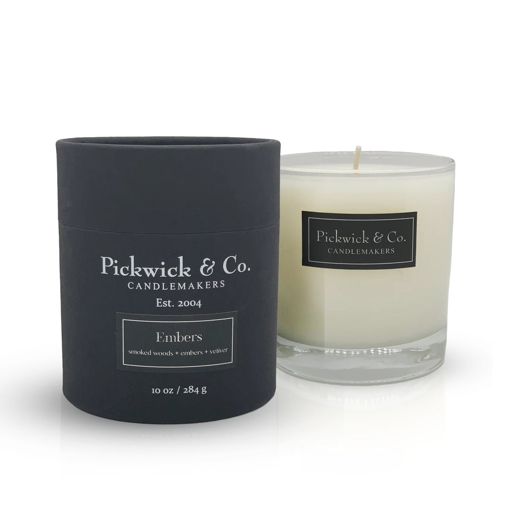 Black candle container and white candle with 'Pickwick & Co. Candlemakers' label on a white background.