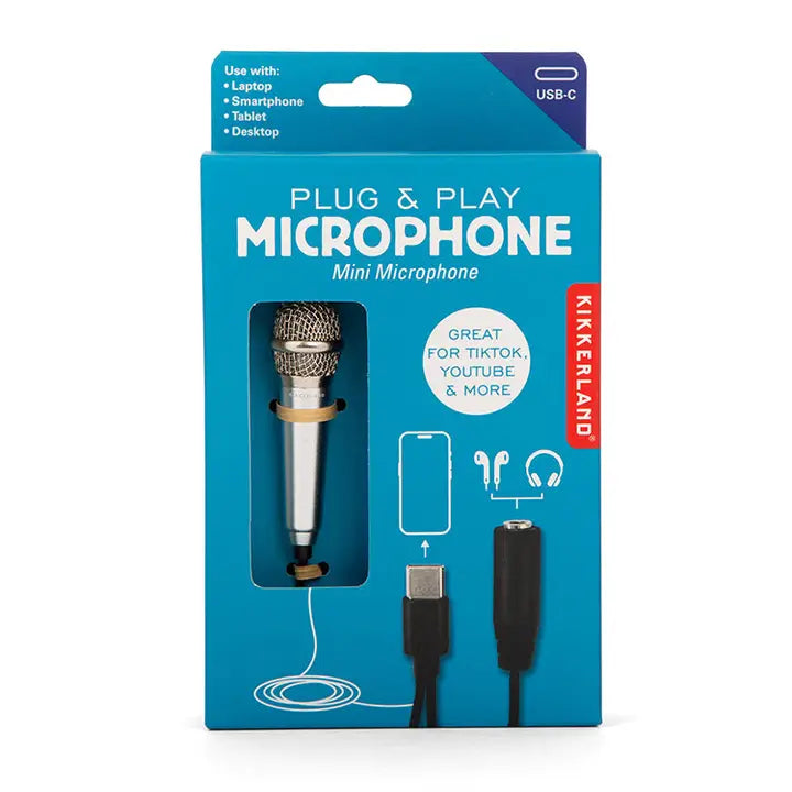 Kikkerland plug and play microphone packaging on a white background