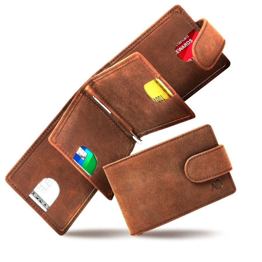 A brown RFID blocking bifold wallet  with a second wallet unfolded to show the cards inside on a white background.