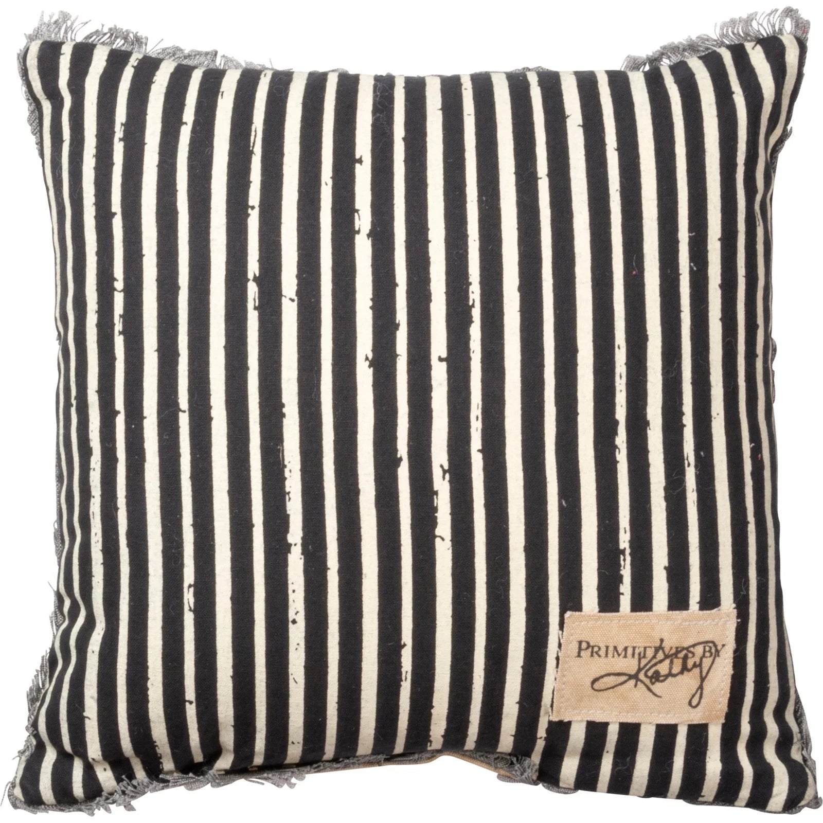Striped pillow with black and white pattern and a visible brand label on a white background